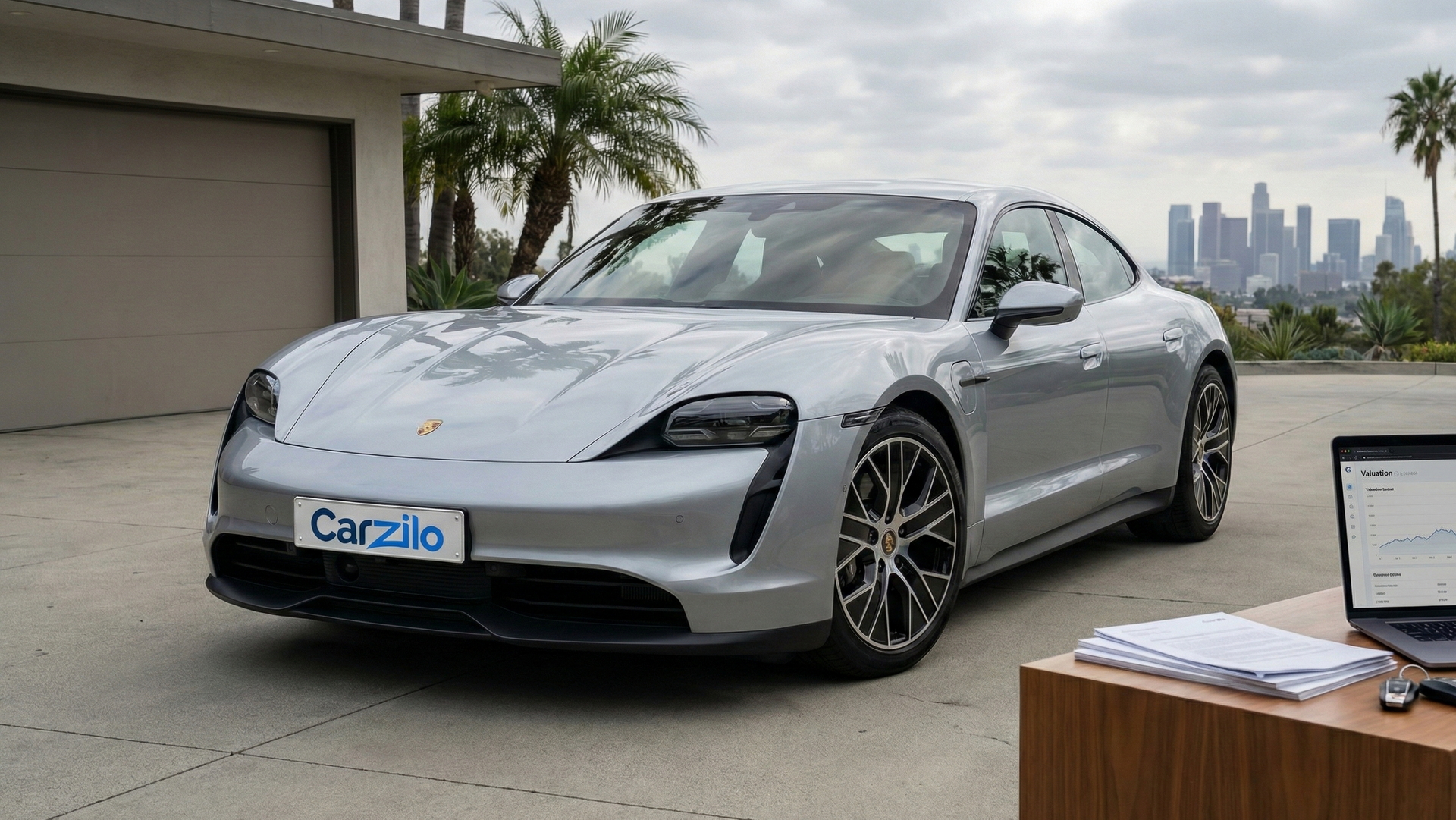 Porsche Taycan silver electric sedan parked in a Los Angeles driveway with skyline and laptop valuation, ready for a California car sale.