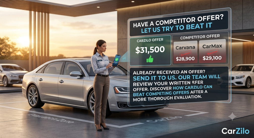 An infographic illustration of a woman using a phone to compare CarZilo’s high vehicle valuation against lower Carvana and CarMax estimates, demonstrating how to beat competitors offer with thorough evaluation.