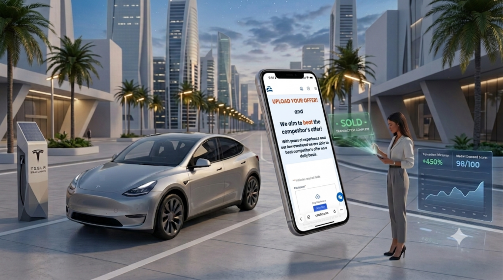 A modern silver Tesla Model Y parked next to a solar charging station while a woman interacts with a smartphone displaying CarZilo’s option to beat a Tesla trade-in offer.