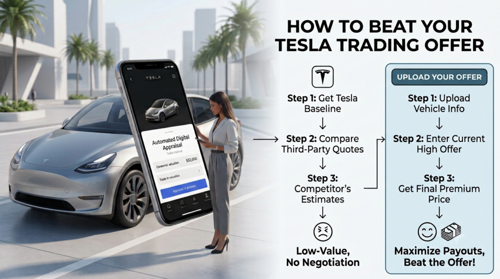 An infographic chart outlining a 3-step process to beat a Tesla trade-in offer by comparing competitor estimates and uploading the highest valuation to CarZilo to maximize cash payouts.