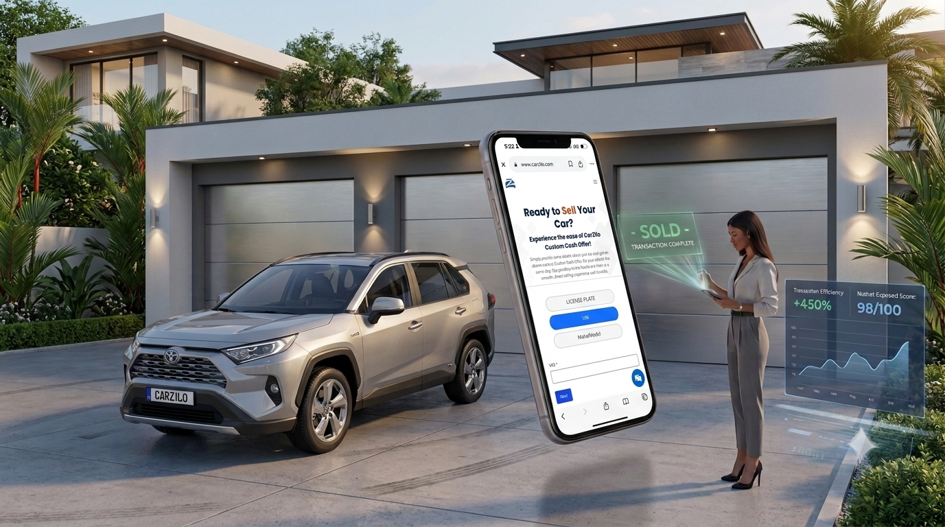 A futuristic infographic scene on a modern home driveway, featuring a SUV and a woman reviewing a real-time 'sell my car online' cash offer interface on a smartphone with a green 'SOLD' data overlay.