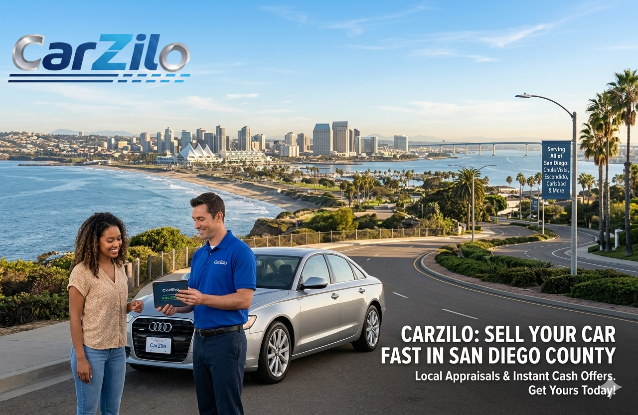 CarZilo local vehicle inspector providing an on-site appraisal to a customer standing next to a silver Audi sedan with the San Diego city skyline and ocean coast background. Text overlay highlights mobile cash offers for cars in San Diego County.