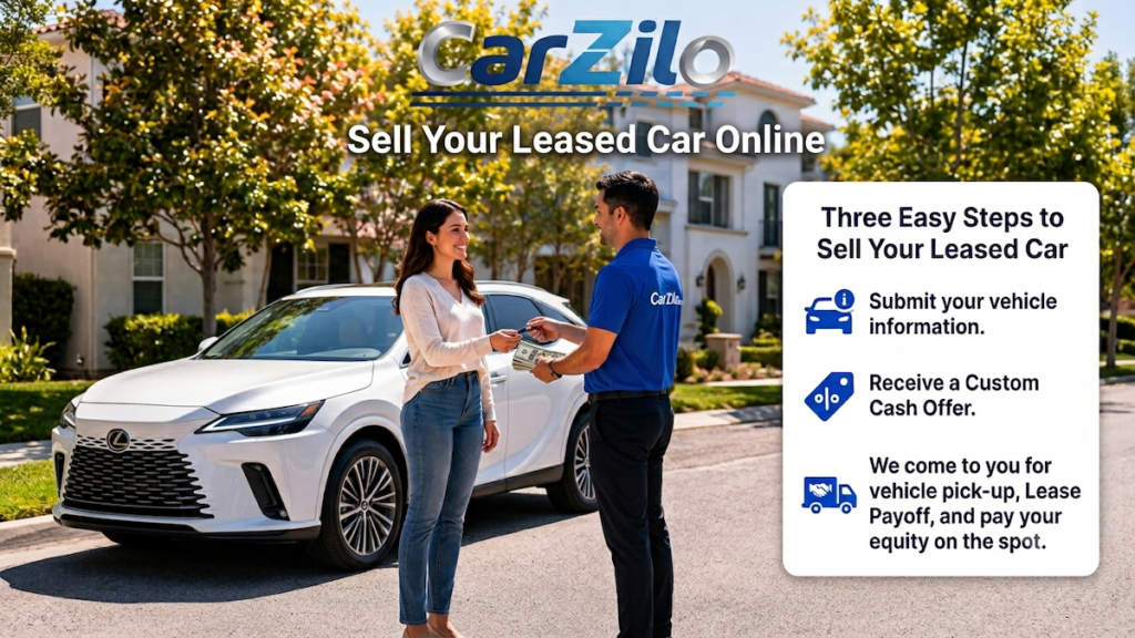 A professional promotional image for CarZilo with the title "Sell Your Leased Car Online." A female customer stands outside her home next to a white 2023 Lexus RX350, handing her car key to a male CarZilo representative in a blue polo shirt. The representative is handing her cash. To the right, a white text box lists "Three Easy Steps to Sell Your Leased Car": 1. Submit your vehicle information, 2. Receive a Custom Cash Offer, 3. We come to you for vehicle pick-up, Lease Payoff, and pay your equity on the spot.
