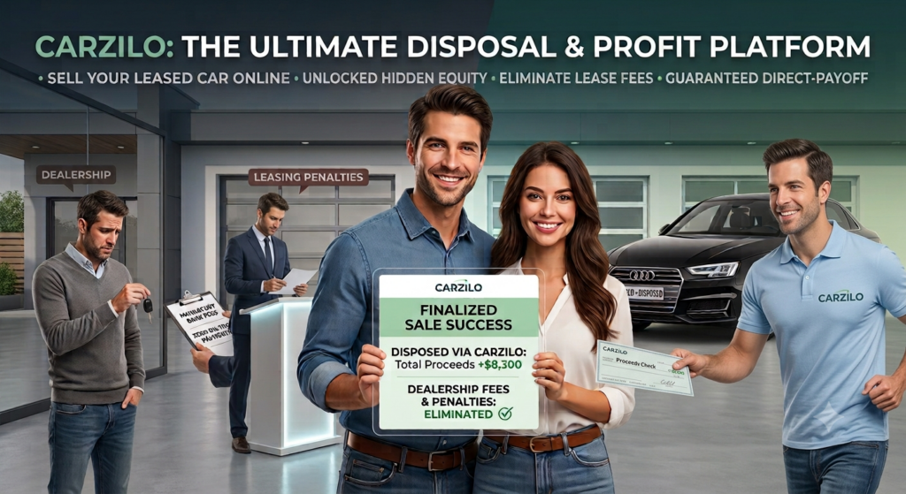 A promotional banner for CarZilo showcasing a happy couple holding a sale success sign next to a luxury car, demonstrating how to sell my leased car online and eliminate dealership penalties.