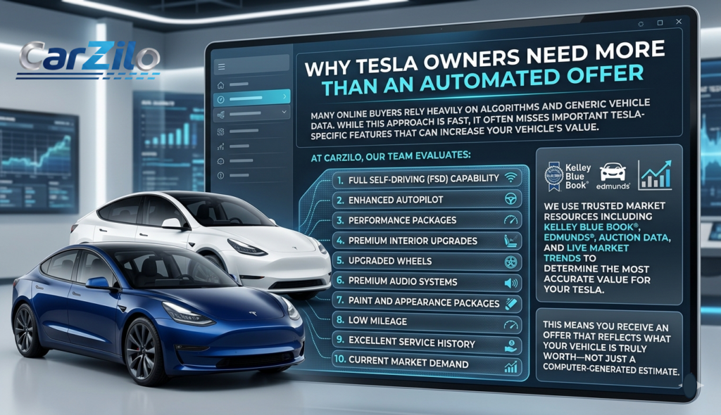 An infographic explaining why Tesla owners need more than an automated offer, showcasing how CarZilo evaluates Full Self-Driving (FSD), upgrades, and Kelley Blue Book data to provide the best place to sell your Tesla online
