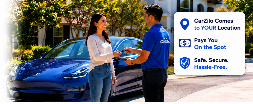 A happy customer handing over car keys to a CarZilo representative next to a blue Tesla Model 3. Text overlay reads: CarZilo comes to your location, pays you on the spot, safe, secure, hassle-free. Ideal for owners looking for the best way to sell your Tesla online.