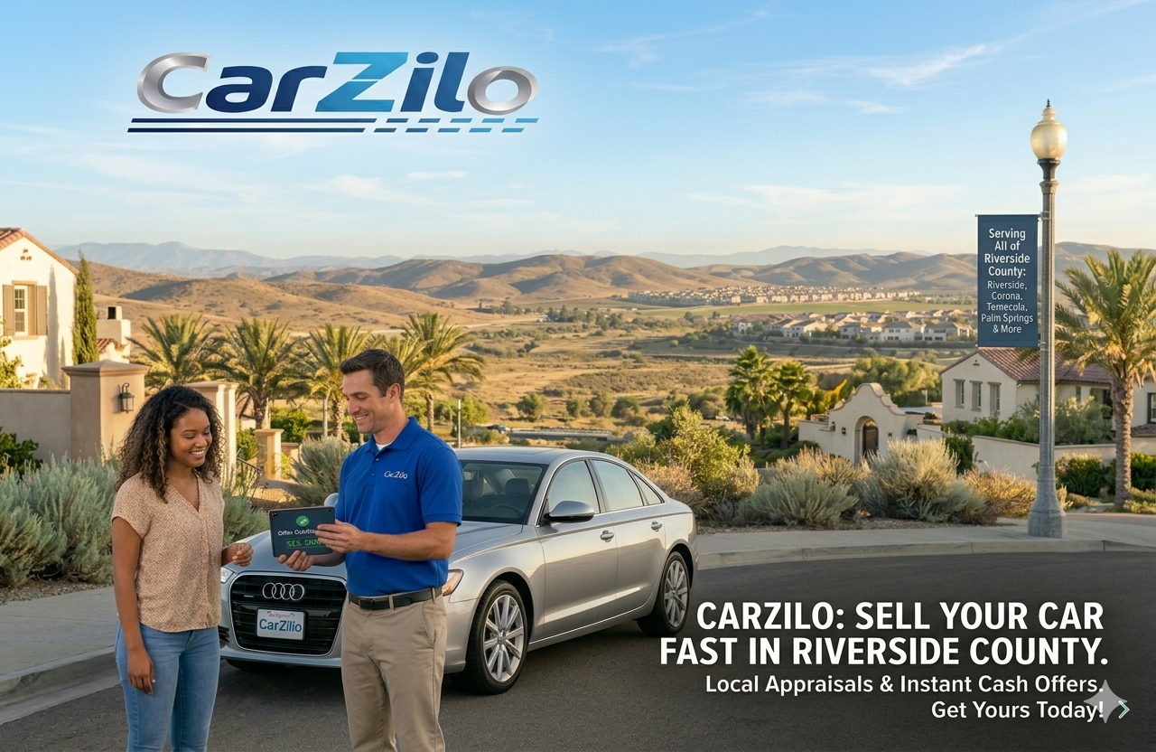 sell-my-car-riverside-county A cheerful woman receives a CarZilo value offer on a tablet from a representative in a professional polo, standing next to a silver Audi sedan with the 'CARZILO' license plate in a scenic Riverside County residential neighborhood. A lamppost banner lists coverage areas including Corona, Temecula, and Palm Springs. Best place to sell my car in Riverside County.