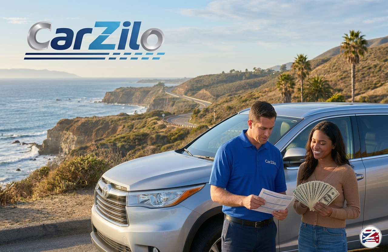 sell-my-car-ventura-county A happy customer holding cash money next to a CarZilo vehicle appraiser reviewing paperwork by a silver Toyota SUV. The scene features the Ventura County coastline and Pacific Coast Highway with the CarZilo logo overlay. Ideal for drivers looking to sell a car for cash in Ventura.