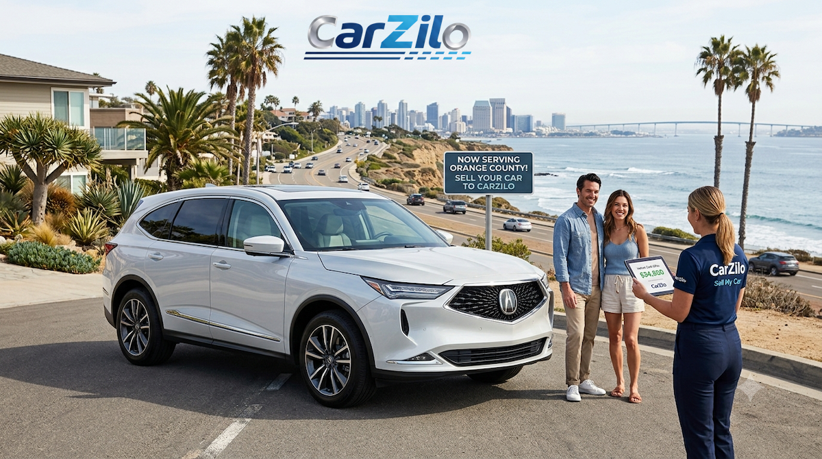 Sell My Car Orange County - Carzilo A happy couple selling their silver luxury SUV to a Carzilo representative on a sunny day, showcasing an easy way to sell my car Orange County.