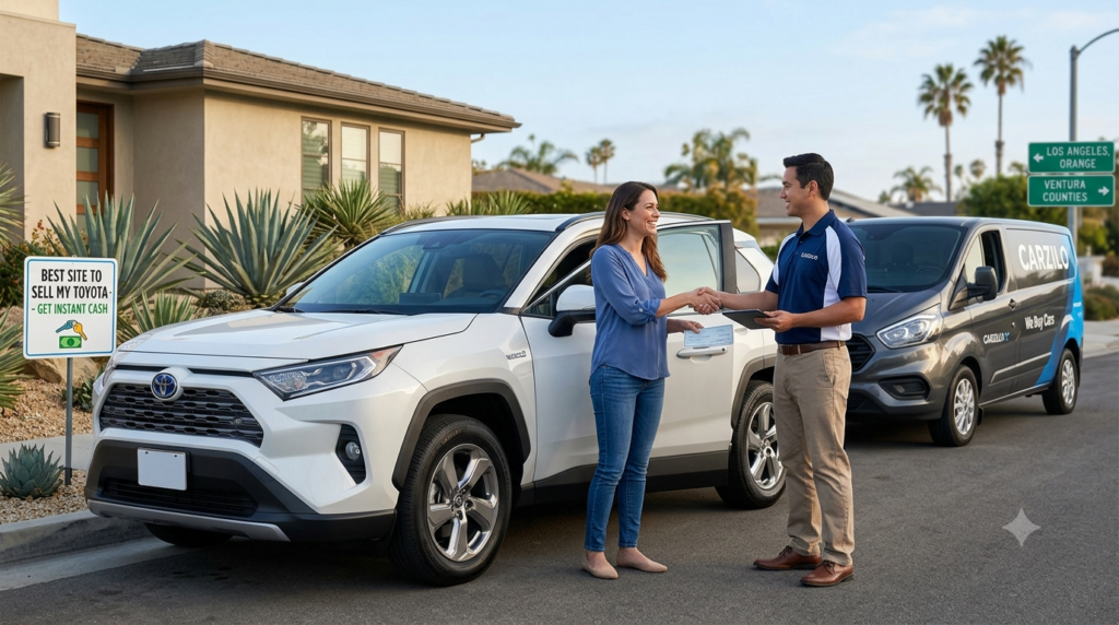 A customer handing over keys to a Carzilo representative when using the best site to sell my Toyota online for instant cash in Southern California.