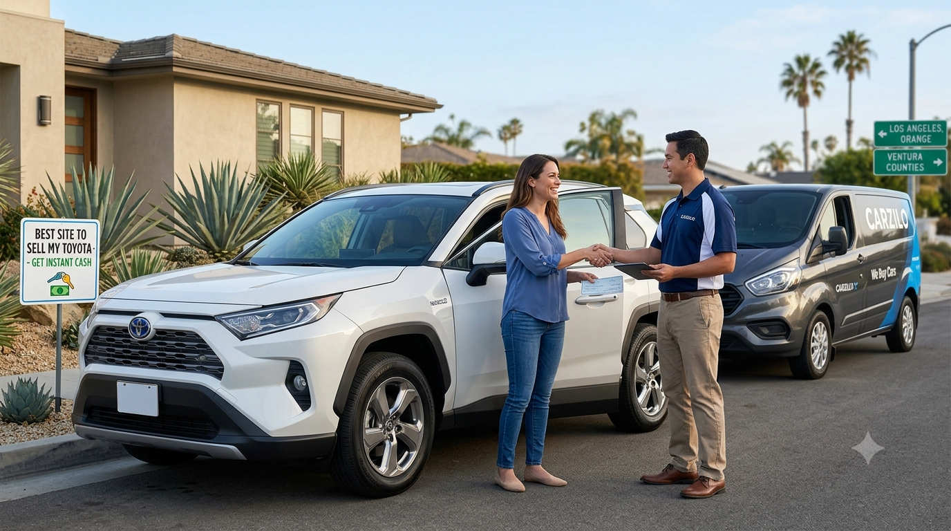 A customer handing over keys to a Carzilo representative when using the best site to sell my Toyota online for instant cash in Southern California.
